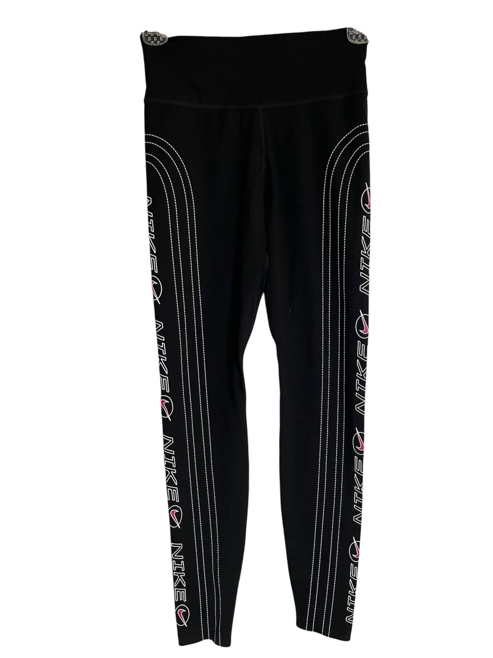 Nike Dri-Fit Black Leggings with White and Pink Side Logo Stripes Size XS